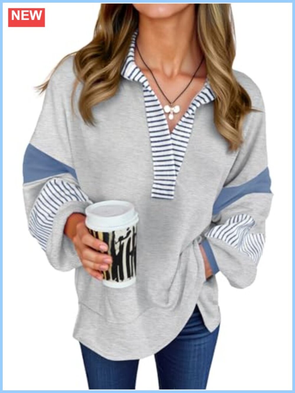 Oversized Color Block V-Neck Long Sleeve Sweatshirt Ladies Casual Pullover